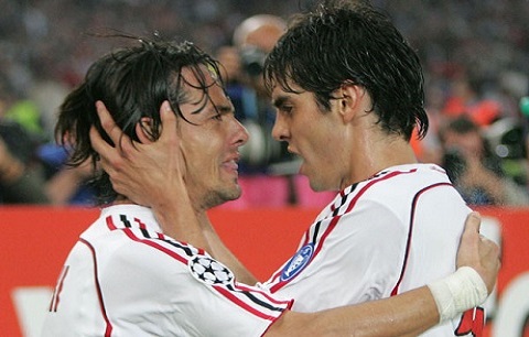 Athens, GREECE: AC Milan's forward Filippo Inzaghi (L) celebrates with teammate Brazilian midfielder Kaka after scoring a goal during the Champions League final football match against Liverpool, at the Olympic Statdium, in Athens, 23 May 2007. AFP PHOTO OLIVIER MORIN (Photo credit should read OLIVIER MORIN/AFP/Getty Images)