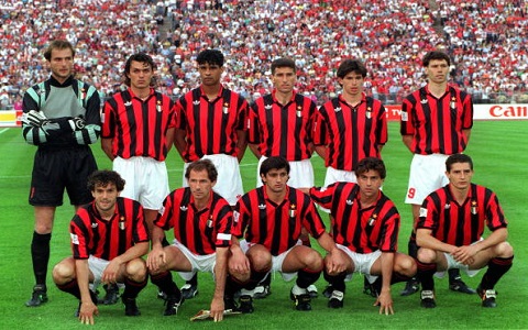Football. UEFA Champions League Final. Munich, Germany. 26th May 1993. Marseille 1 v AC Milan 0. The AC Milan team line-up together for a group photograph. Back Row L-R: Sebastiano Rossi, Paolo Maldini, Frank Rijkaard, Mauro Tassotti, Demetrio Albertini,